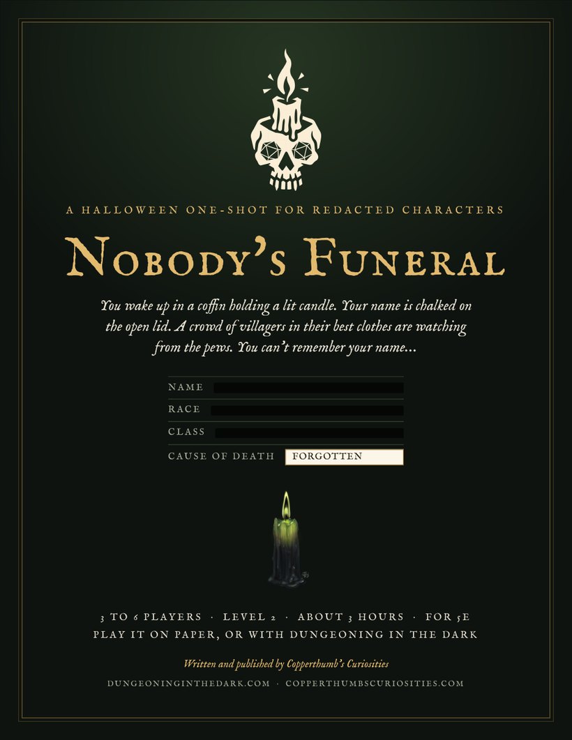 Cover of Nobody's Funeral: a black candle with a green flame beneath a redacted character sheet