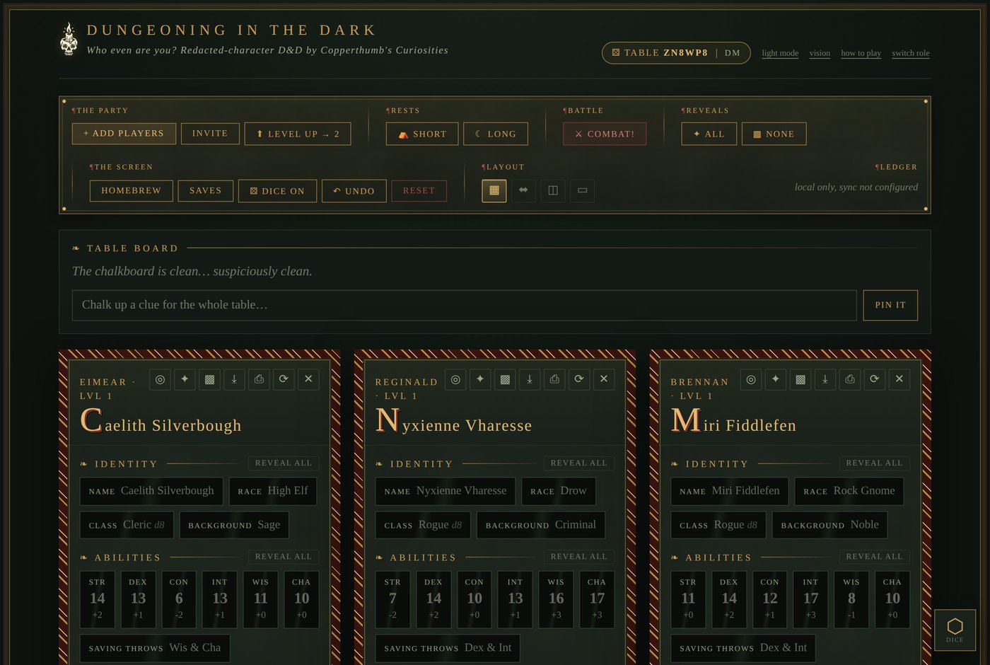 The Dungeon Master's board: three dealt dossiers face up for the DM alone, with reveal controls on every fact