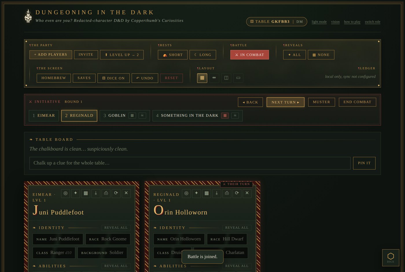 The DM's screen in combat: gilt initiative bar with numbered combatants, one veiled