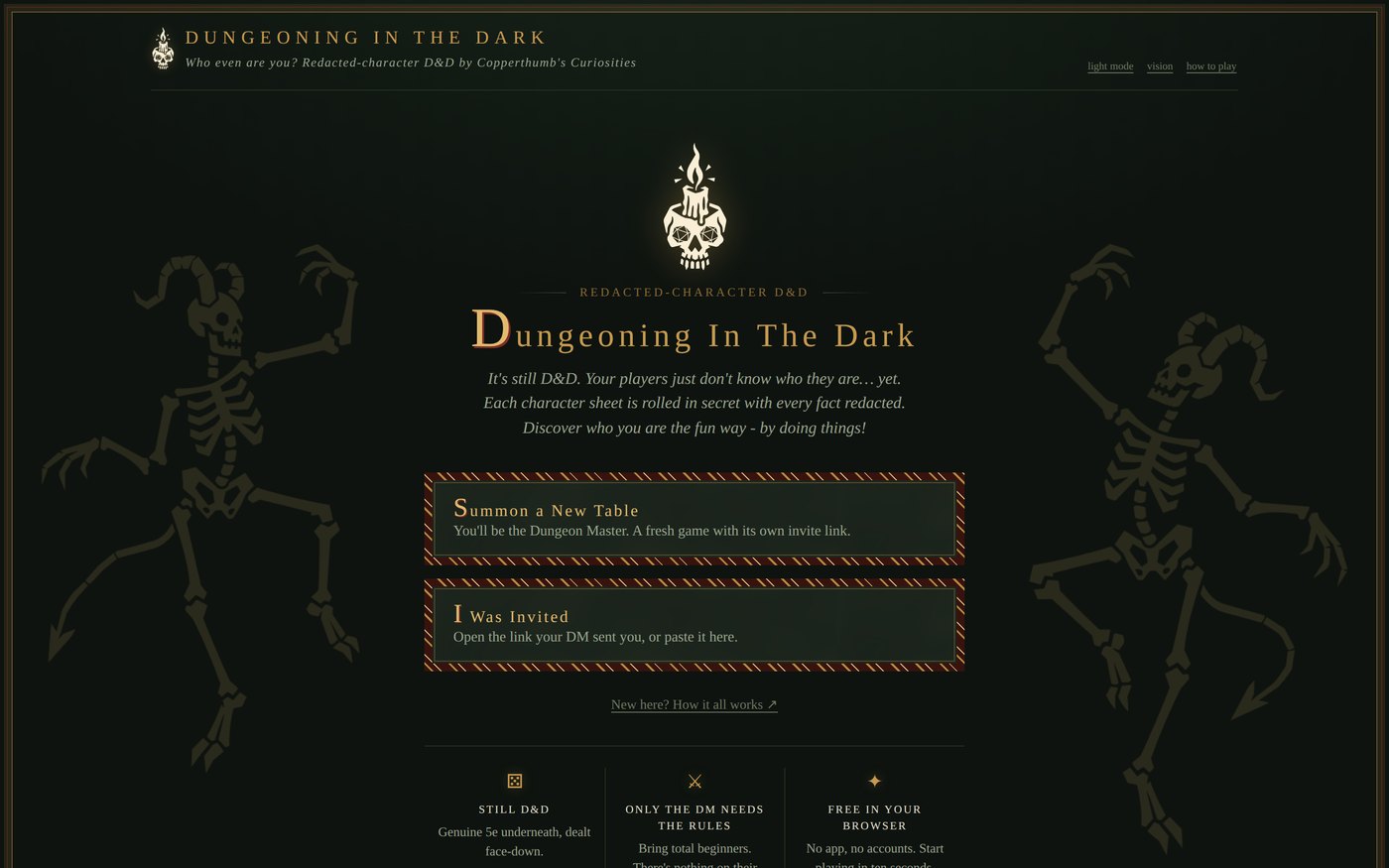 The landing page: the skull-and-candle logo, title, and two braided door choices, with dancing skeletons in the margins