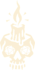 Dungeoning In The Dark logo: a candle burning atop a skull with twenty-sided dice for eyes