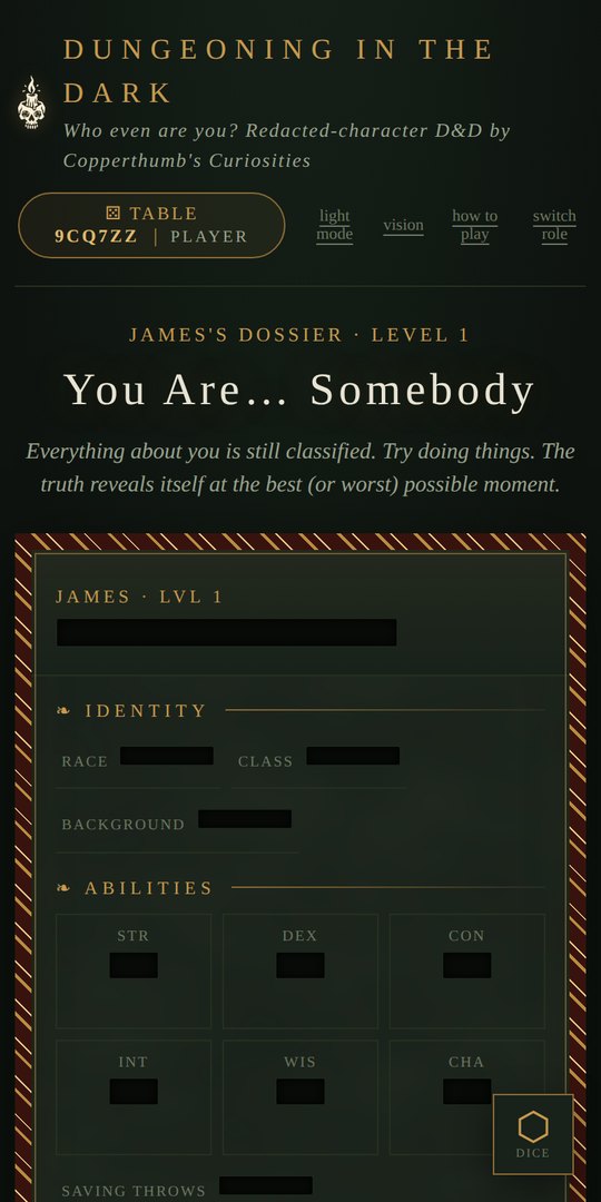 Phone view: You Are… Somebody, with every field redacted